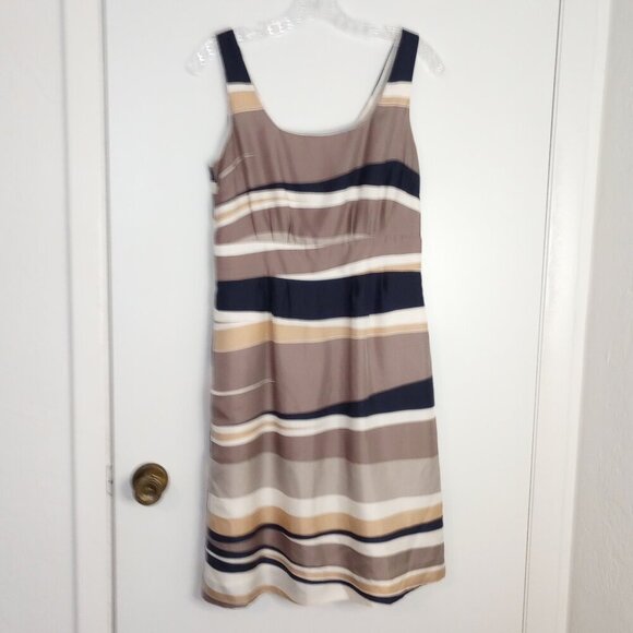 Banana Republic Silk Navy, Gold & Taupe Striped Sheath Dress - Picture 1 of 13